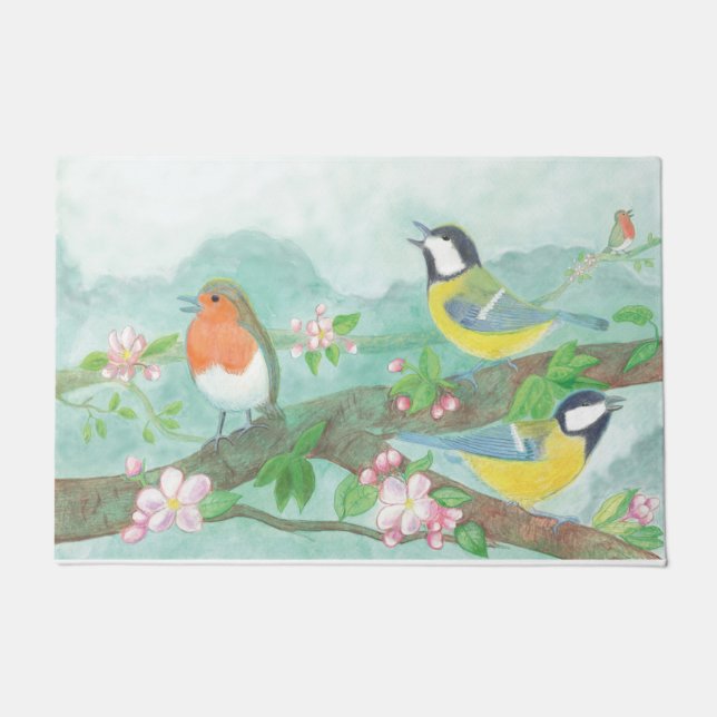 Birds singing on a blossoming tree branch   doormat (Front)