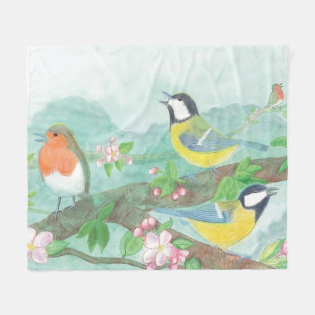 Birds singing on a blossoming tree branch  fleece blanket (Front (Horizontal))