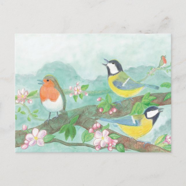 Birds singing on a blossoming tree branch   holiday postcard (Front)