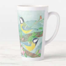 Birds singing on a blossoming tree branch