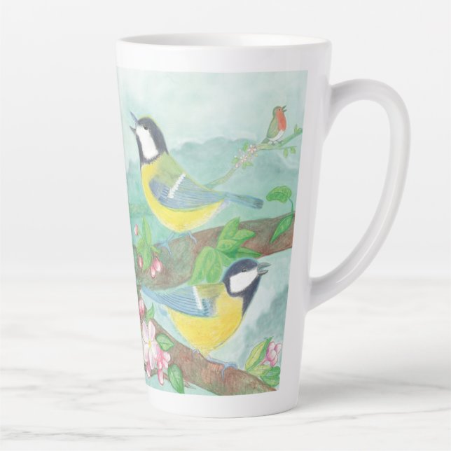 Birds singing on a blossoming tree branch  latte mug (Right)
