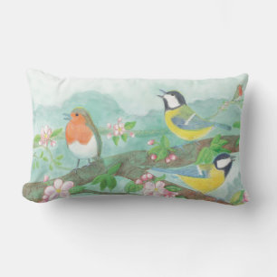Birds singing on a blossoming tree branch  lumbar pillow