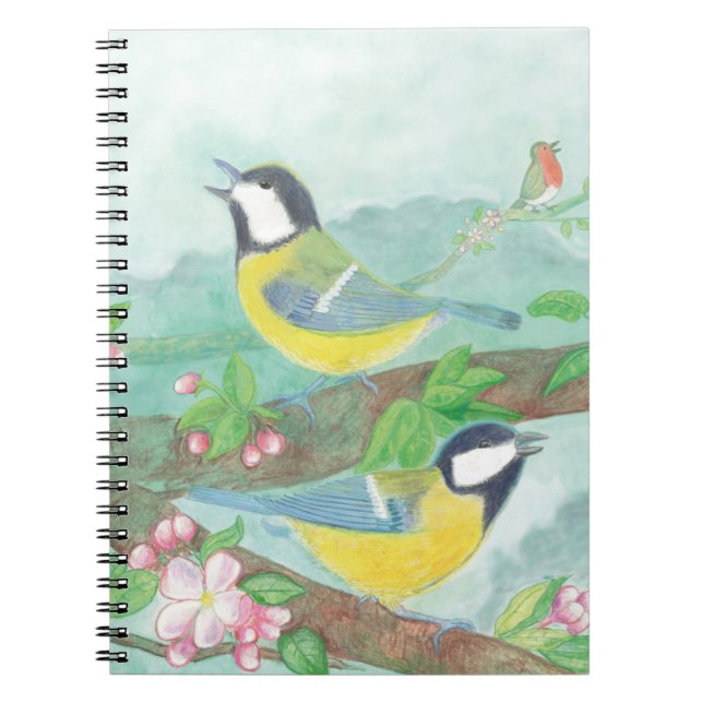 Birds singing on a blossoming tree branch  notebook (Front)