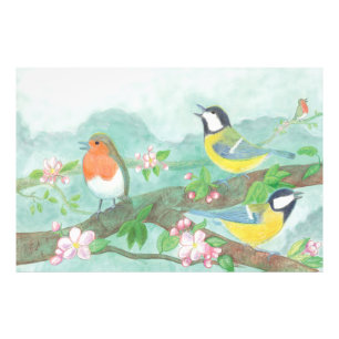 Birds singing on a blossoming tree branch photo print