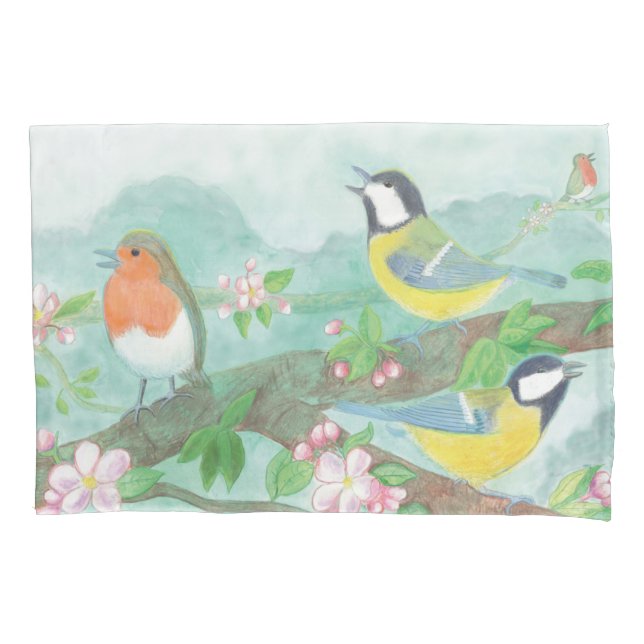 Birds singing on a blossoming tree branch  pillowcase (Front)