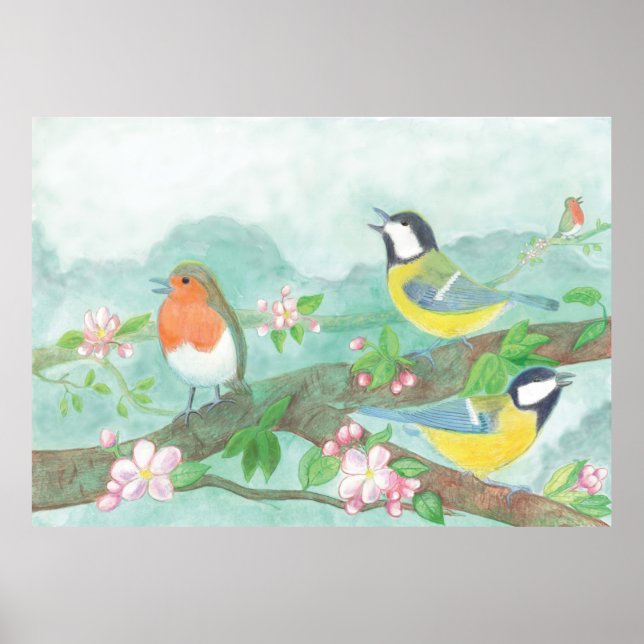 Birds singing on a blossoming tree branch poster (Front)