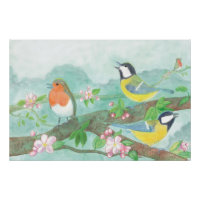Birds singing on a blossoming tree branch 