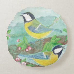 Birds singing on a blossoming tree branch  round pillow