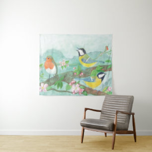 Birds singing on a blossoming tree branch tapestry