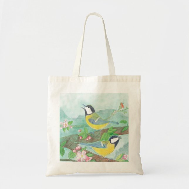 Birds singing on a blossoming tree branch   tote bag (Front)