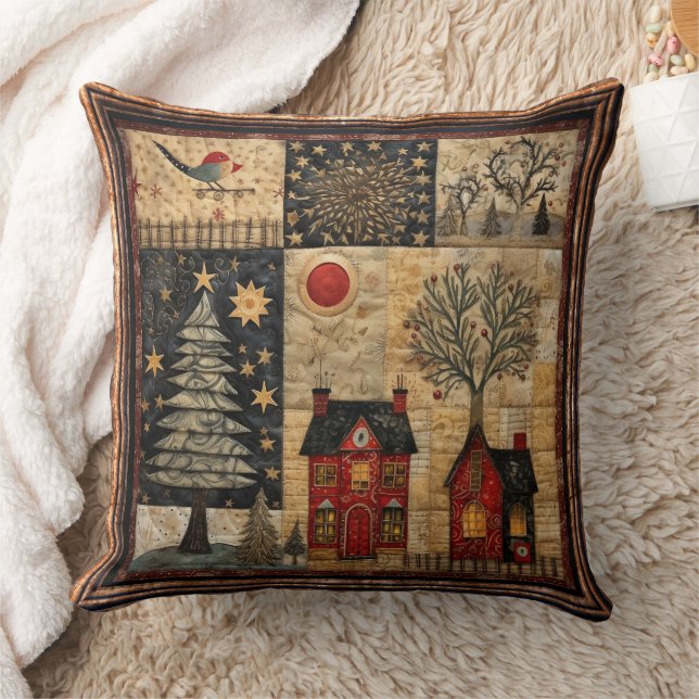 Birds Sun Christmas Quilt Red Houses Trees Stars Throw Pillow (Blanket)
