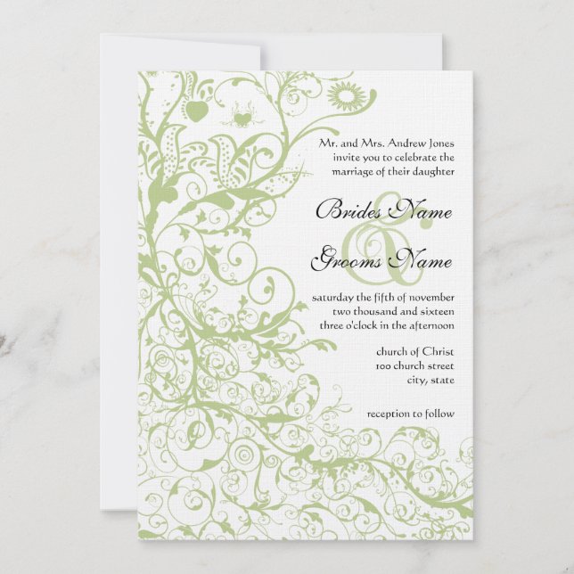 Birds & Swirls Green Hydrangea #28 Wedding Invites (Front)