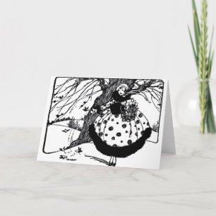 BIRDS TREE AND CHRISTMAS LADY Black White Red Gem Holiday Card