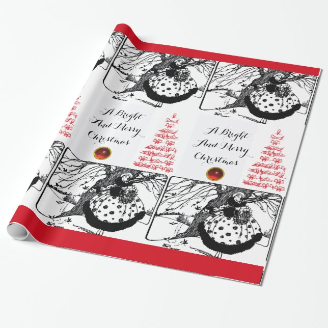 BIRDS TREE AND CHRISTMAS LADY Black White Red Gems Wrapping Paper (Unrolled)