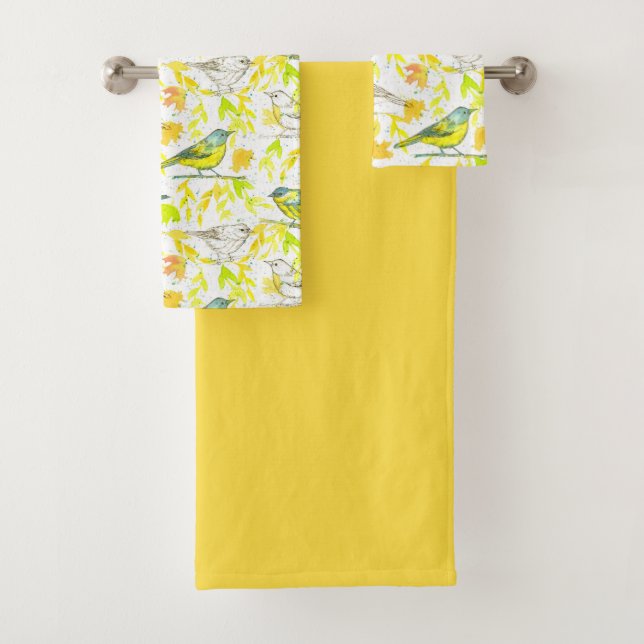 Birds Watercolor Leaves Yellow Bath Towel Set (Insitu)