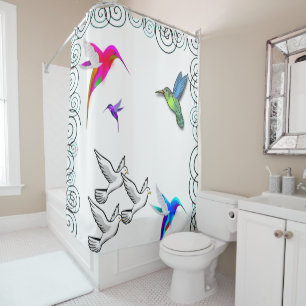 birds white shower curtain