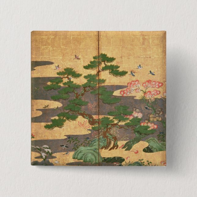 Birds with Autumn and Winter flowers 2 Inch Square Button (Front)