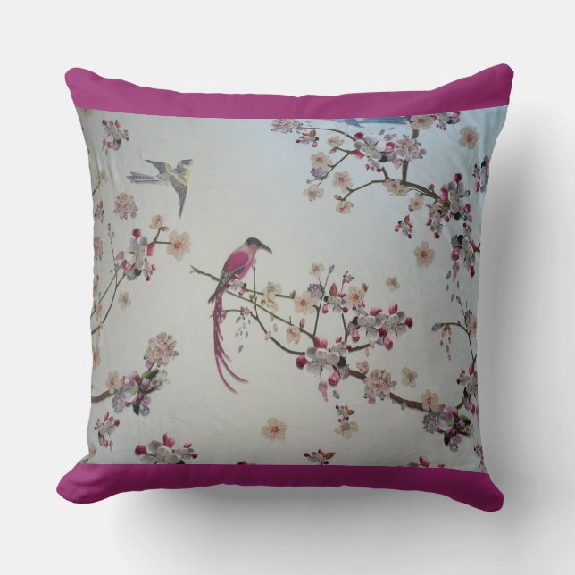 Birds with Cherry Blossoms Throw Pillow (Front)