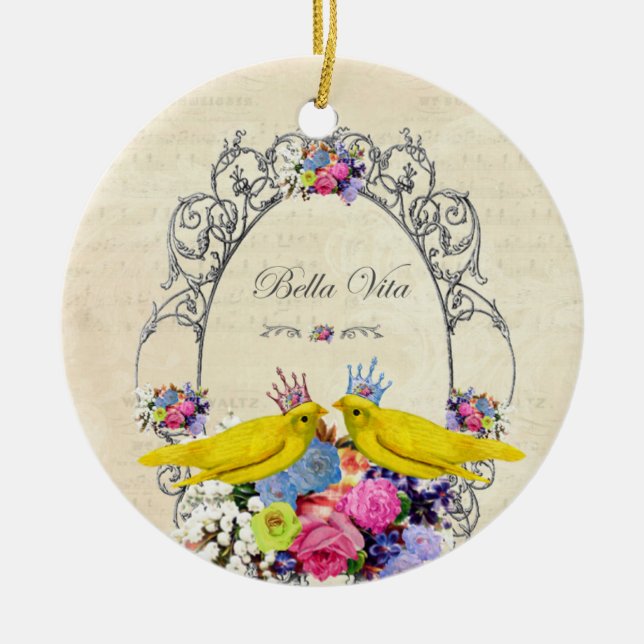 Birds with crowns and flowers - Bella Vita Ceramic Ornament (Front)