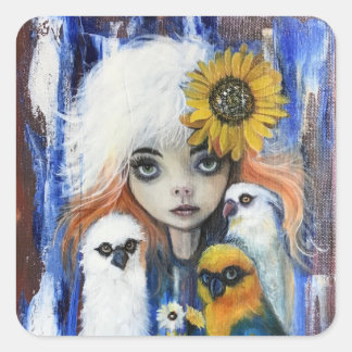 Birds with cute girl square stickers