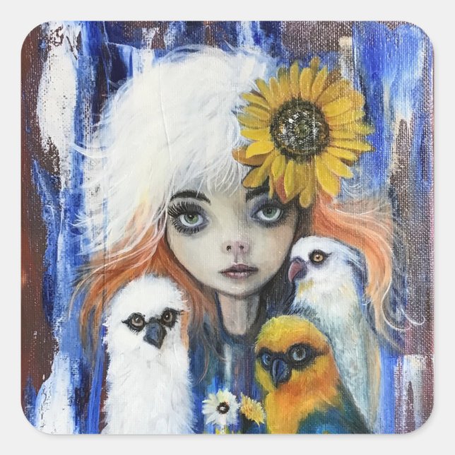 Birds with cute girl square stickers (Front)