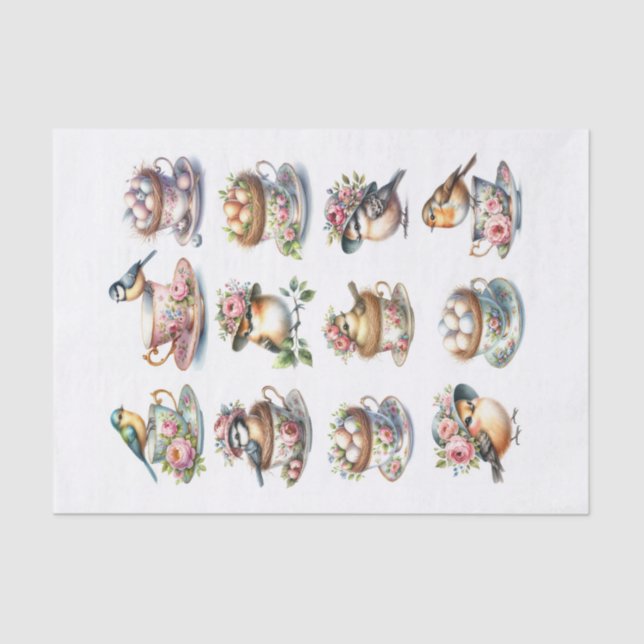 Birds with Hats and Nests in Teacups Fussy Cuts Tissue Paper (Front)