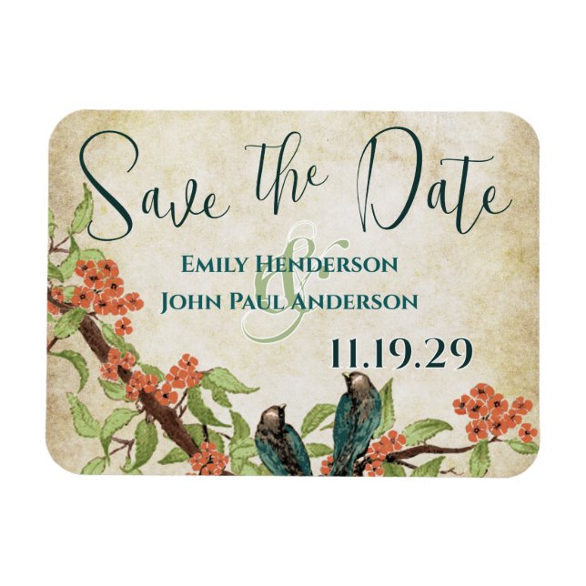 Birds Woodgrain Save the Date Coral Cherry Blossom Magnet (Horizontal)