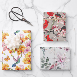 Birds Wrapping Paper Flat Sheet Set of 3