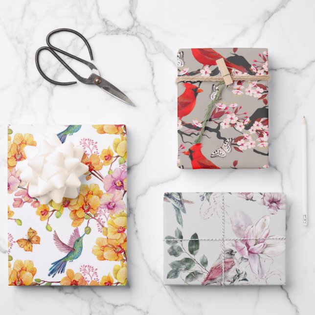 Birds Wrapping Paper Flat Sheet Set of 3 (Front)