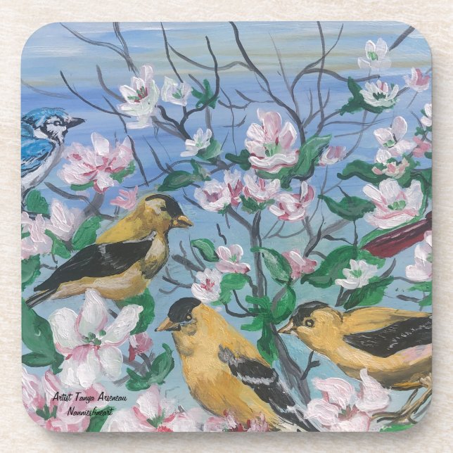 Birds yellow finch blooms Hand Painted Original  Coaster (Front)