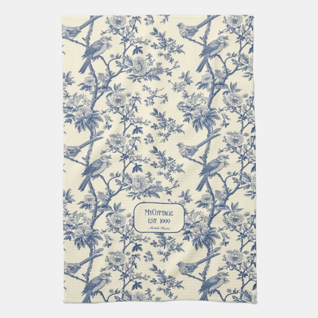 Birdsong Cobalt and Cream Toile de Jouy Kitchen Towel (Vertical)