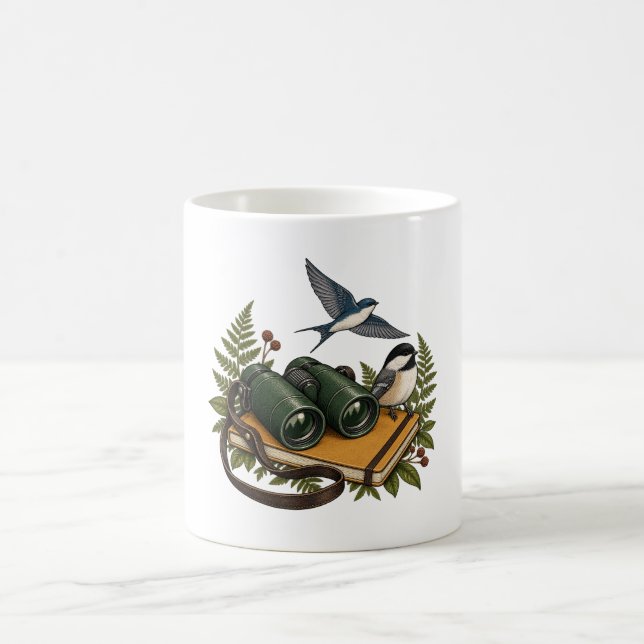 Birdwatcher Binoculars Chickadee Swallow Mug (Center)