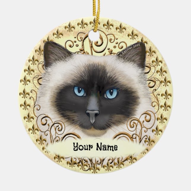 Birman Cat Fleur De Lis  Ceramic Ornament (Front)