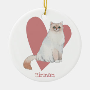 Birman Cat Watercolor Kitty Pink Heart Ceramic Ornament