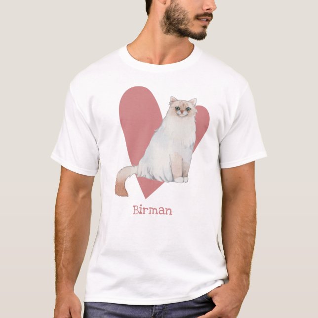 Birman Cat Watercolor Kitty Pink Heart T-Shirt (Front)