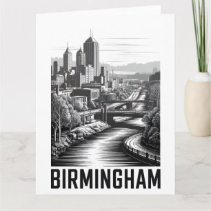 Birmingham Alabama Skyline Black White Woodcut Card