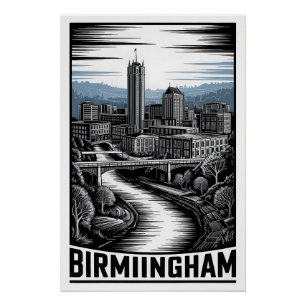 Birmingham Alabama Skyline Black White Woodcut Poster