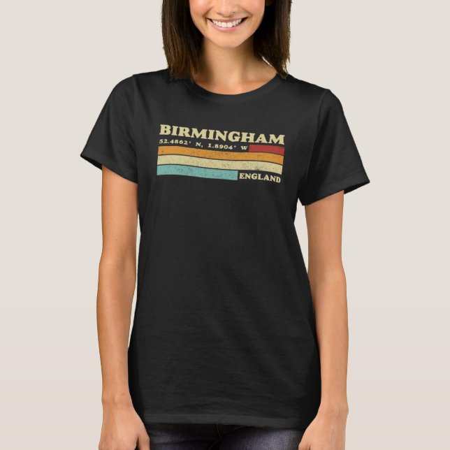 Birmingham England City Retro Longitude Latitude T-Shirt (Front)