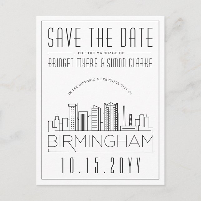 Birmingham Wedding Stylized Skyline Save the Date Postcard (Front)