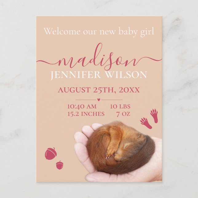Birth announcement baby girl cute animal Postcard (Front)
