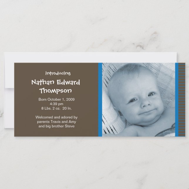 Birth Announcement - Blue and Brown Pinstripes (Front)