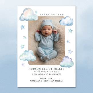 Birth Announcement Clouds & Stars Baby Boy Card