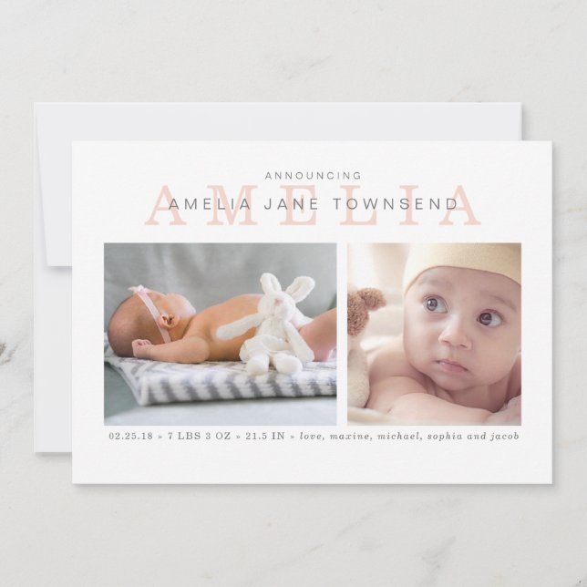 Birth Announcement Girl - Pink and Grey (Front)