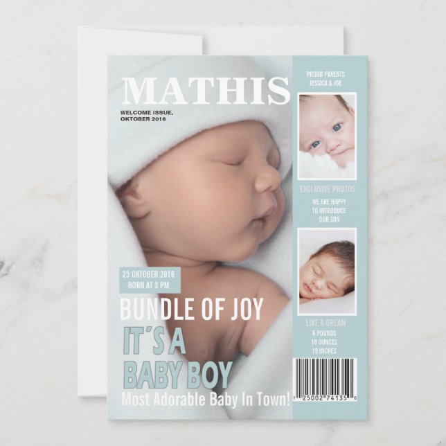 Birth Announcement Magazine Cover 3 Photos (Front)