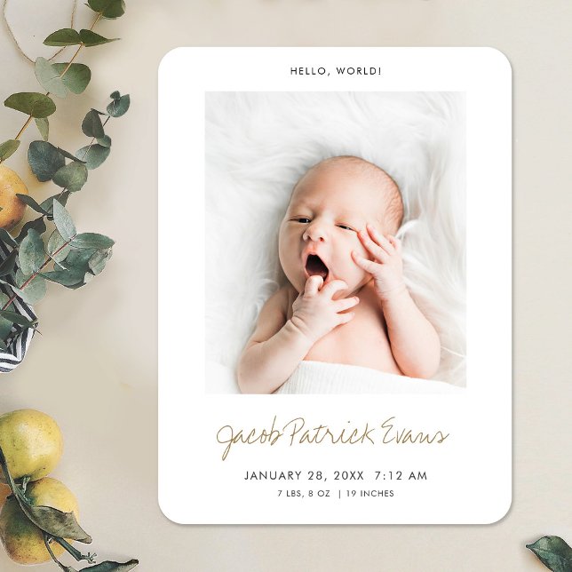 Birth Announcement Magnet with Modern Gold Script (Creator Uploaded)
