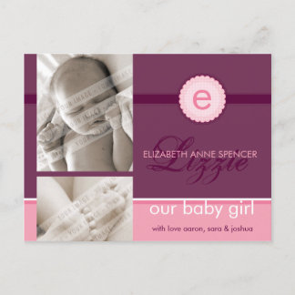 BIRTH ANNOUNCEMENT :: monogram2 - girl Postcard