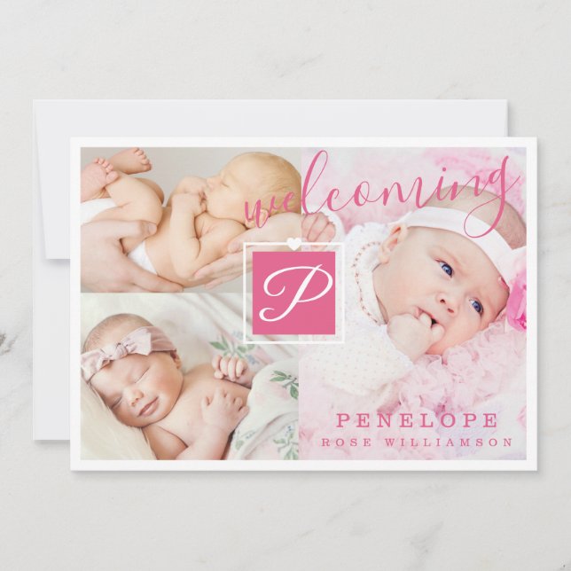 Birth Announcement - Multiple Photos Pink & White (Front)