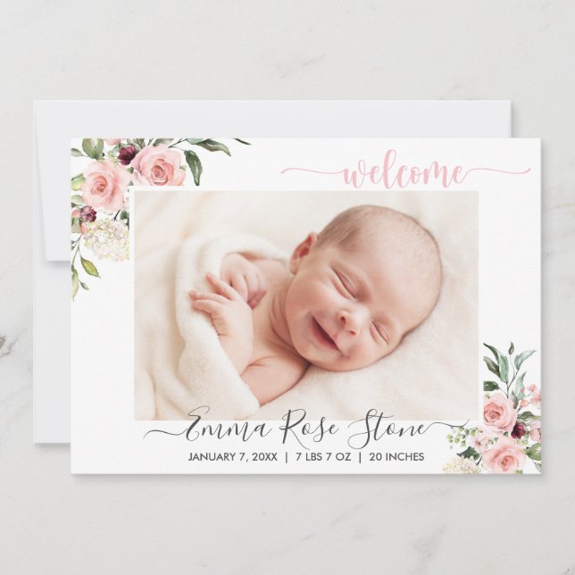 Birth Announcement Photo Card Pink Roses (Front)