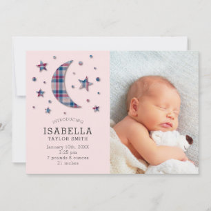 Birth Announcement Photo Card Plaid Moon Stars