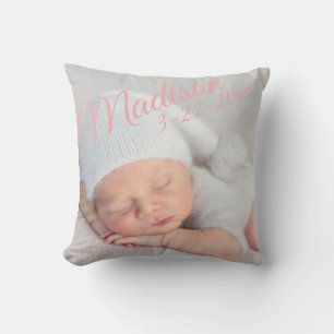 Birth Announcement Pink Birth Stats Photo Throw Pillow